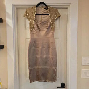 Tadashi Collection Lace Beaded Stretch Midi Dress Champagne Gold Size 8